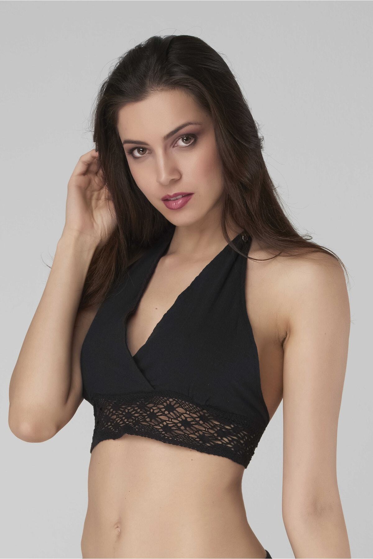 Şile Bezi Kadın Bikini Üstü Siyah %100 Pamuk